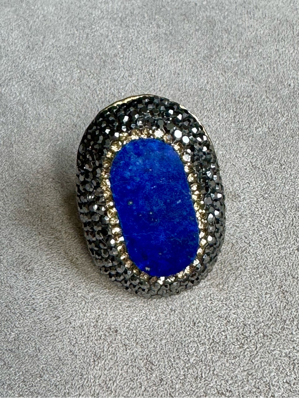 Blue Lapis Stone Statement Ring, Sterling Silver with Black Crystal Pavé